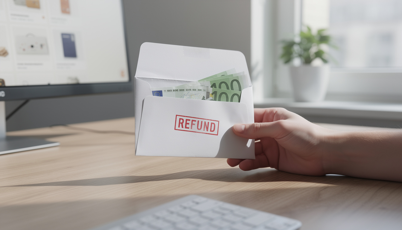 Рука, держащая конверт с возвратом денег на столе в офисе