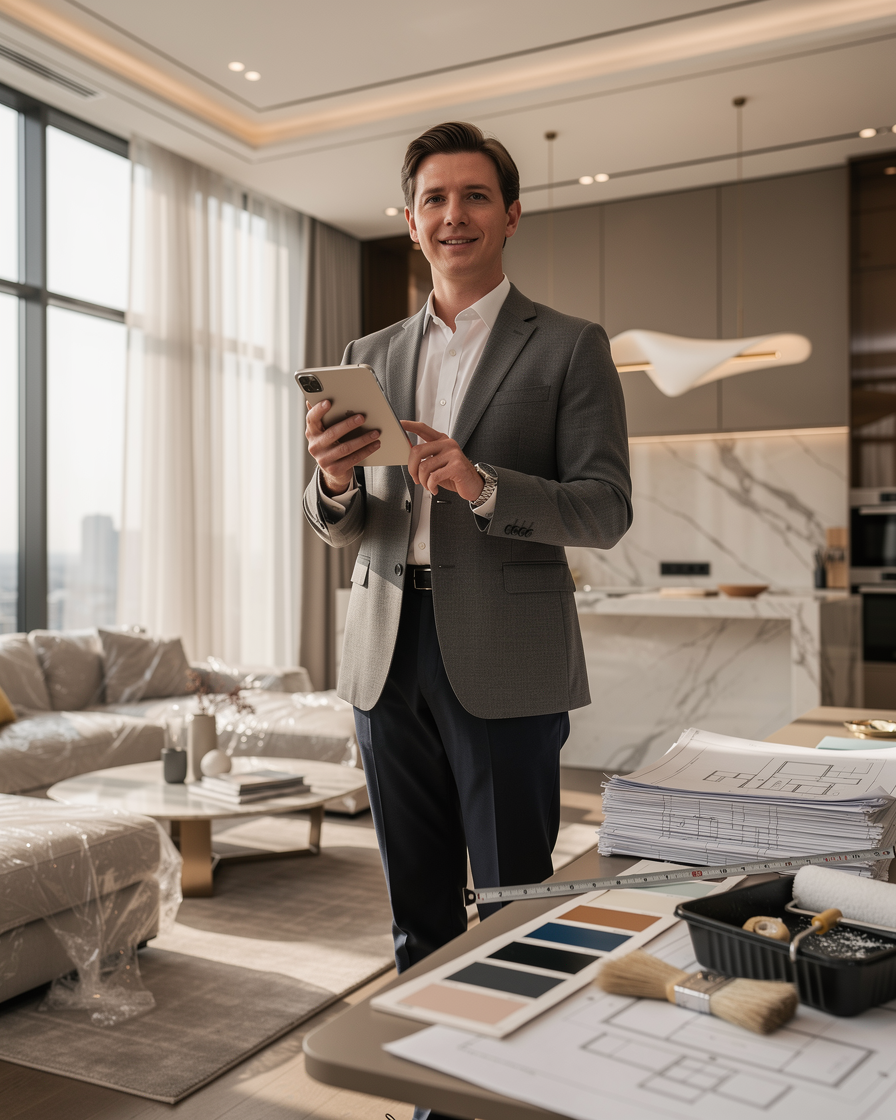 Человек в элегантной гостиной, символизирующий гибкое использование кредитных средств для ремонта.