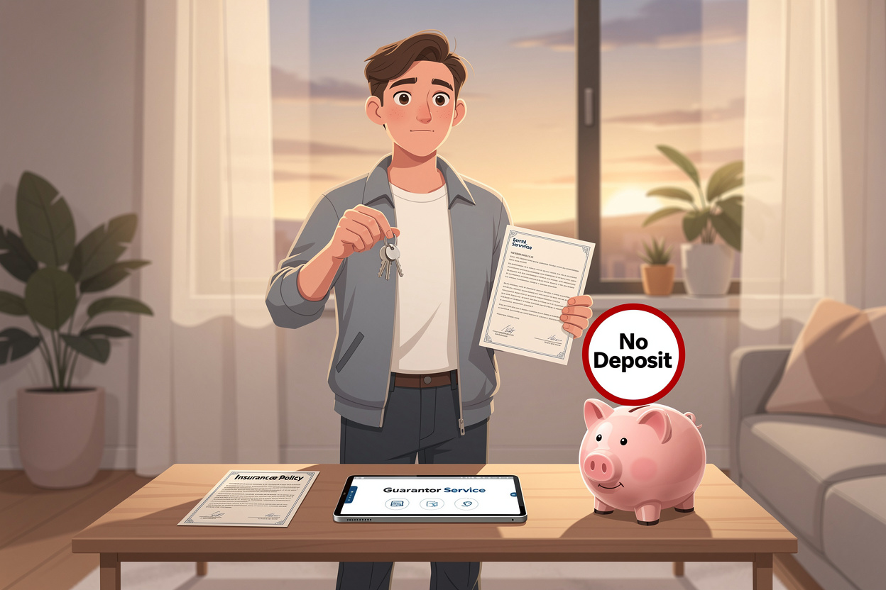 Человек в современной квартире с ключами и договором, окружённый символами альтернатив залогу при аренде.