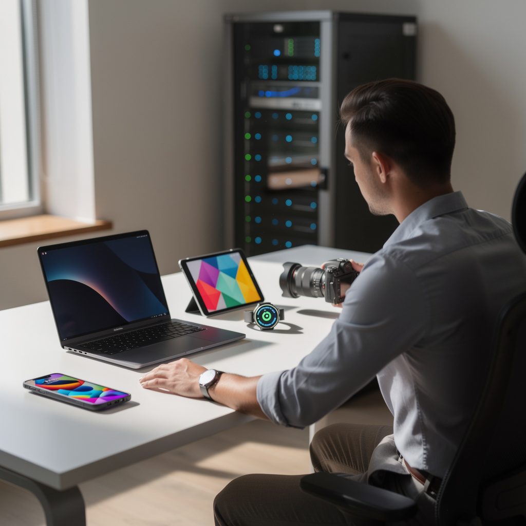 Современный рабочий стол с новейшей цифровой техникой: смартфон, ноутбук, планшет, умные часы и профессиональная камера в минималистичном офисе предпринимателя.