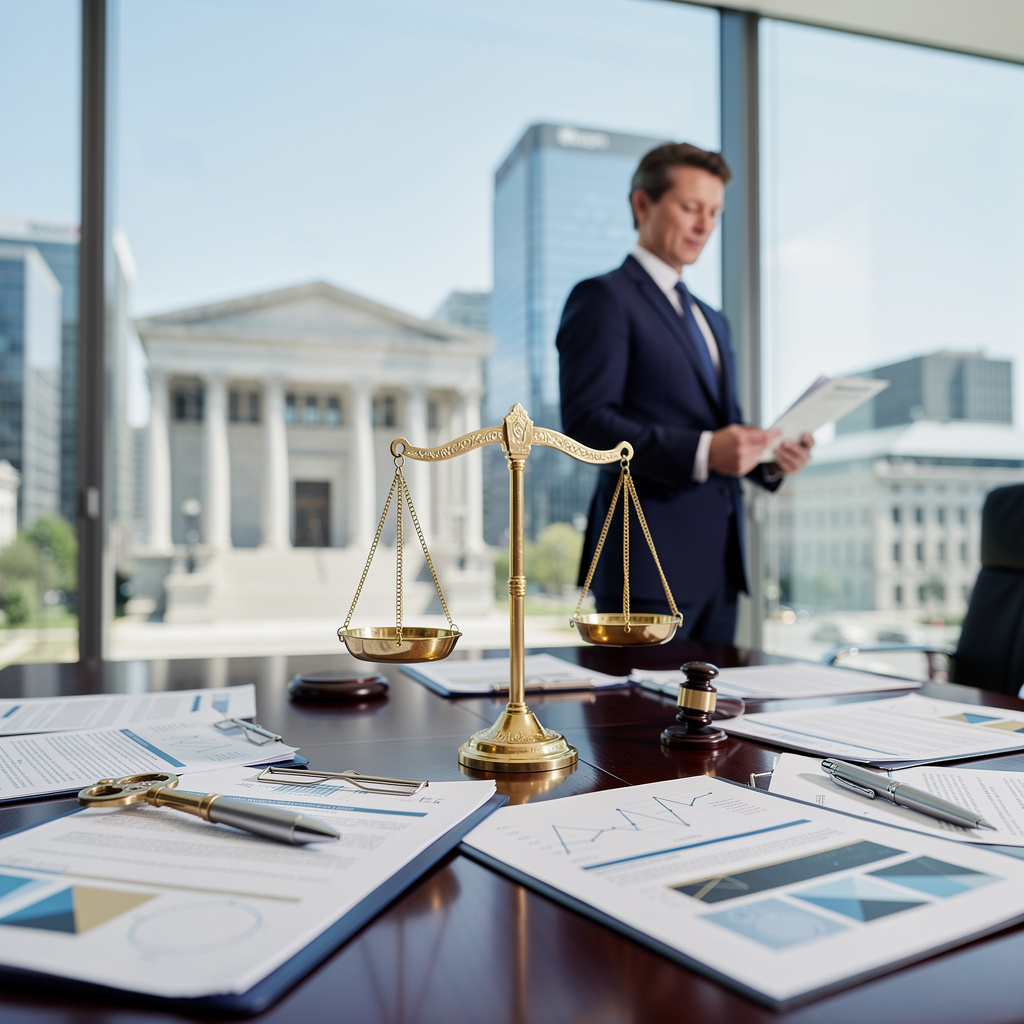 Символическое изображение безопасной финансовой сделки с документами и ключом на столе в офисе, подчеркивающее юридическую защиту и прозрачность.