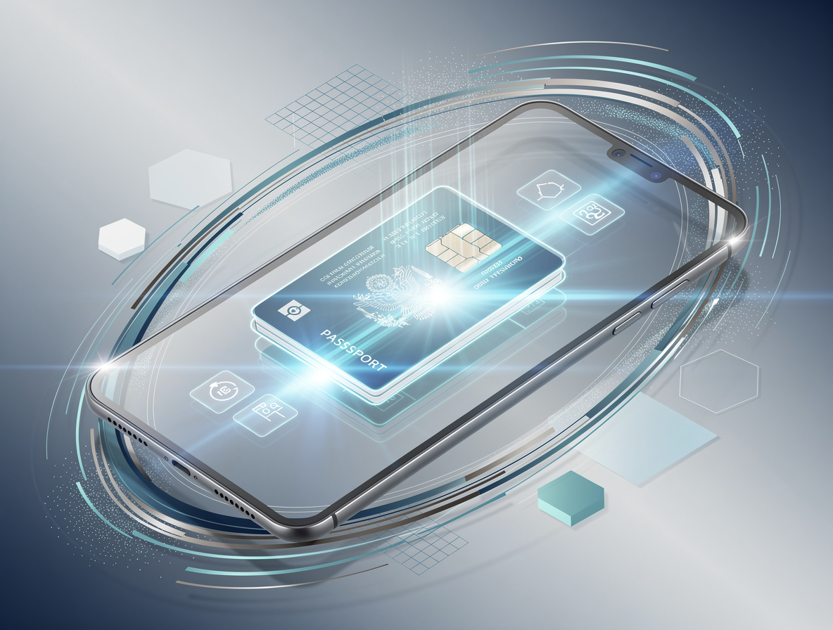Современный процесс идентификации в финтехе: смартфон сканирует паспорт с помощью световых лучей в футуристической обстановке.