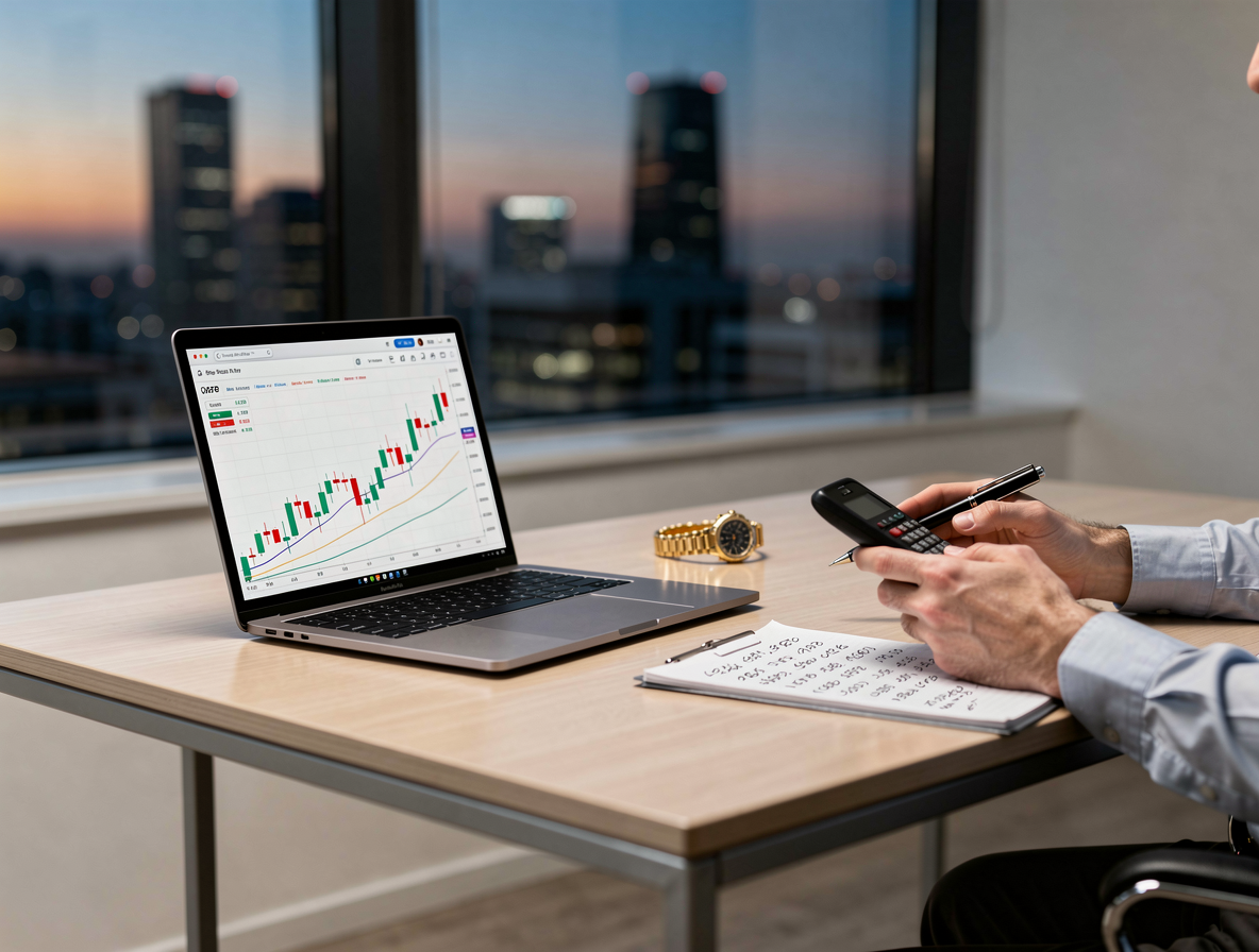 Руки человека за столом с ноутбуком и ценным предметом, символизирующие подготовку к займу под залог имущества.