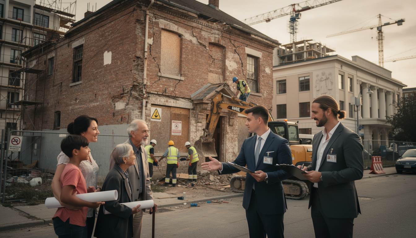 Символическая сцена с собственниками, обсуждающими права при сносе аварийного дома с застройщиком и чиновником на фоне строительства.