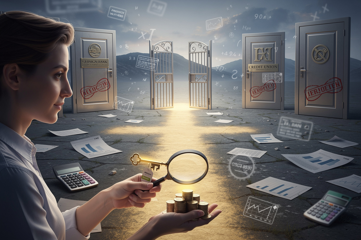 Человек на перекрестке с закрытыми дверями и открытым путем, символизирующий выбор подходящего займа после отказов.