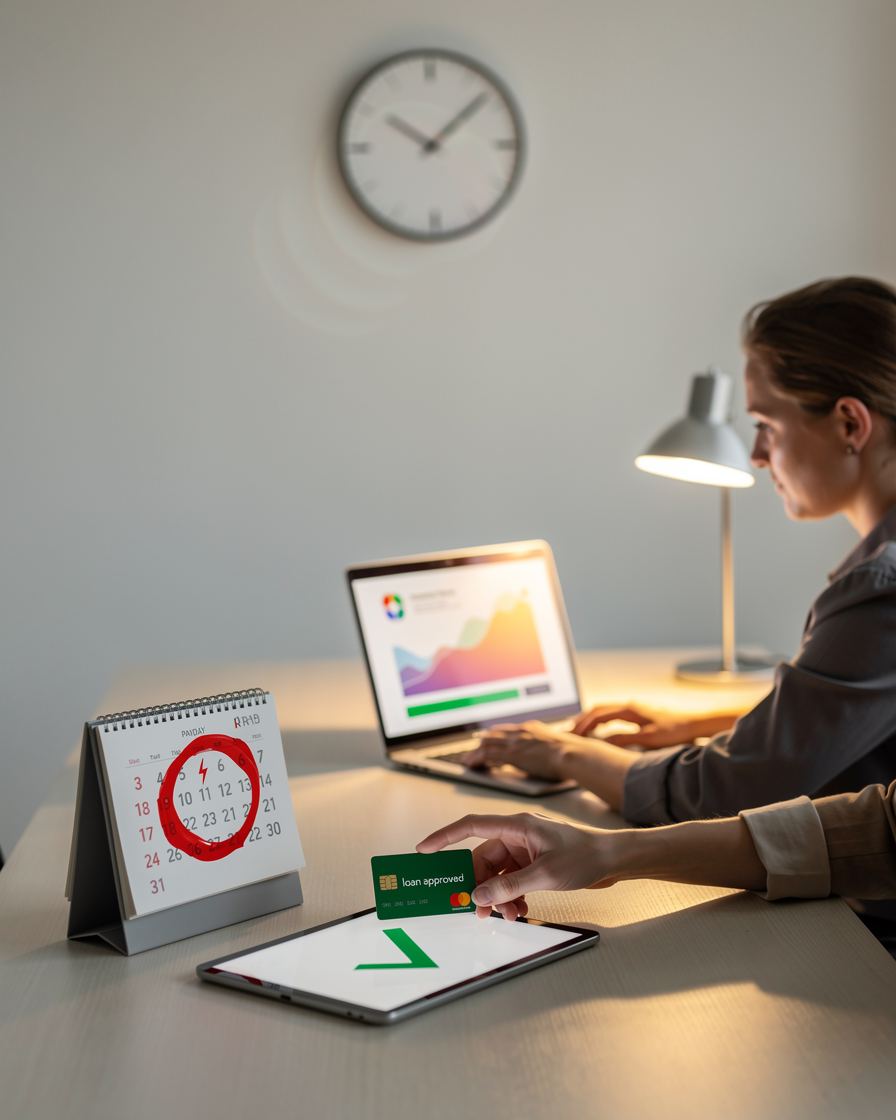Человек в офисе получает одобрение на займ до зарплаты, изображены календарь, ноутбук с графиками и кредитная карта.