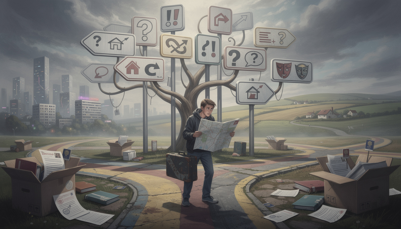Человек с чемоданом и картой на перепутье, окруженный знаками с символами проблем переселения, в абстрактной среде.