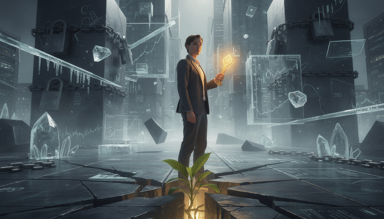 Человек в абстрактном финансовом пейзаже с ключом и растением, символизируя поиск альтернативных путей оплаты кредитов при блокировке счетов.