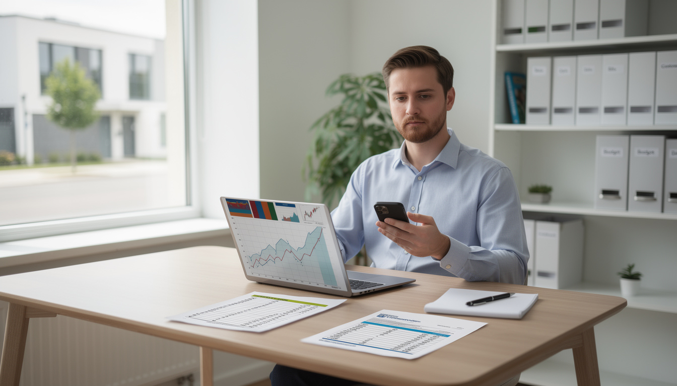 Человек в организованном домашнем офисе готовится к согласованию рассрочки, с документами и ноутбуком на столе.