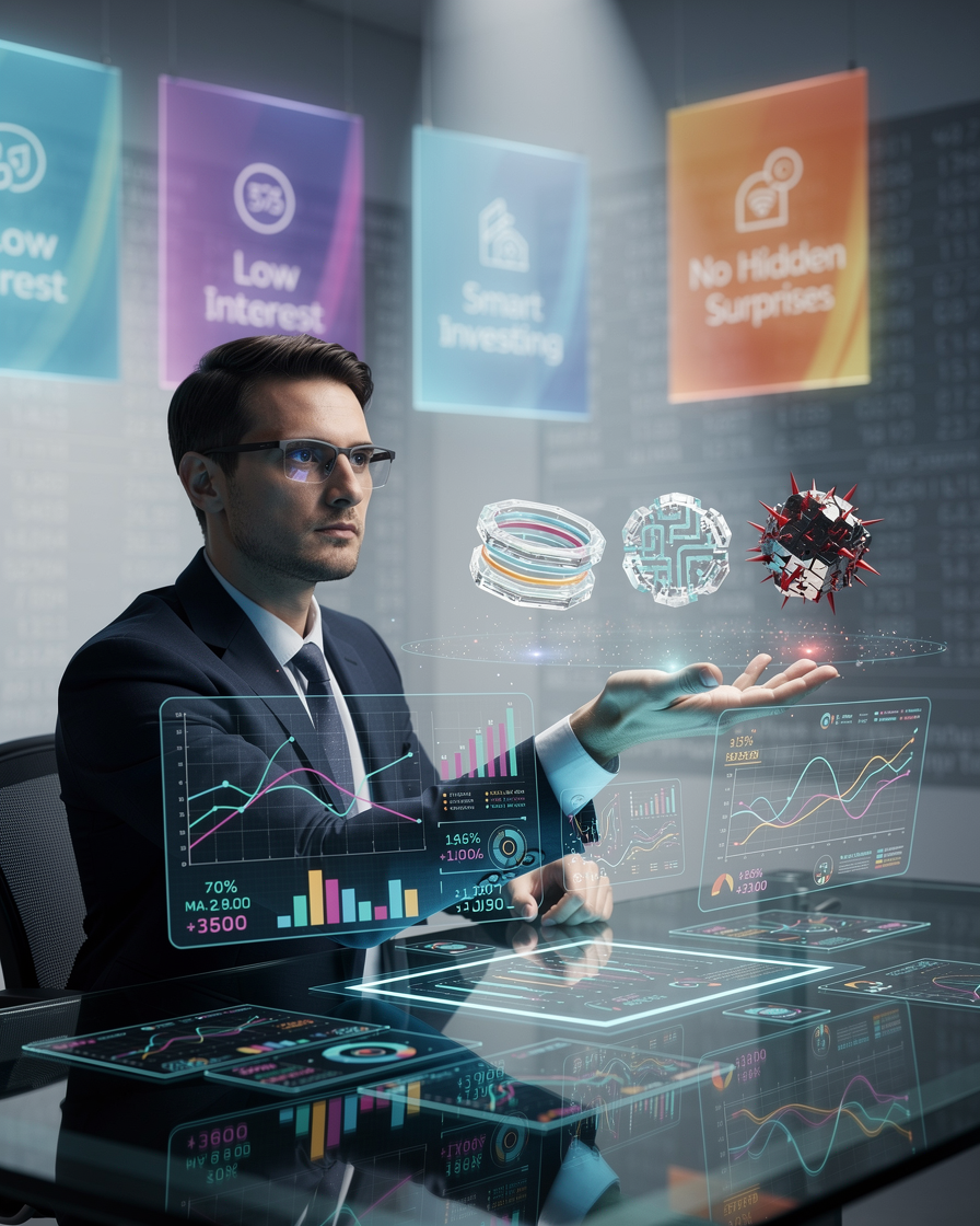 Футуристический аналитик финансов изучает прозрачные голографические модели микрозаймов с визуализацией ставок и скрытых комиссий на высокотехнологичном рабочем месте.
