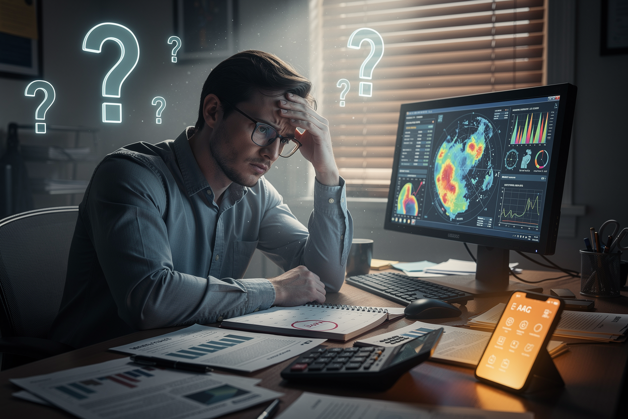 Стрессовый офисный работник ночью анализирует данные на экране с плавающими вопросительными знаками, символизируя поиск ответов на вопросы о займах до зарплаты.