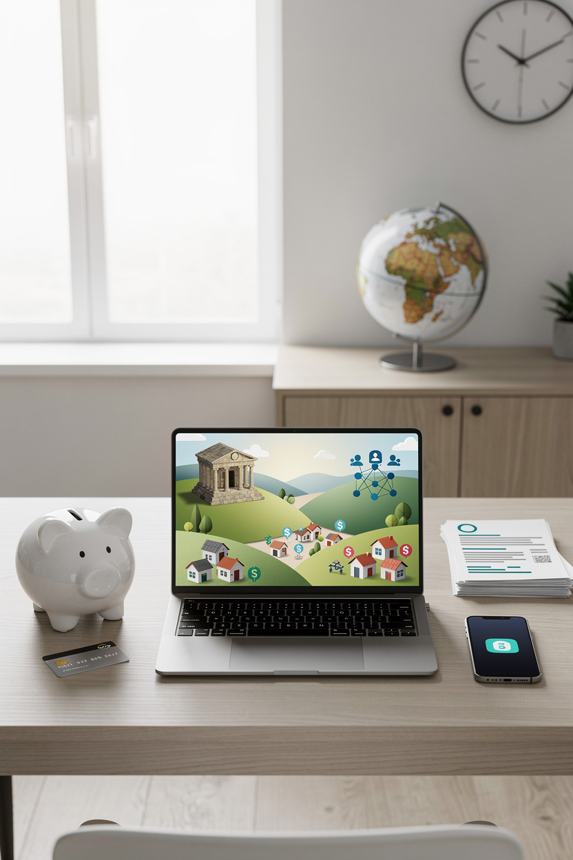 Рабочее место фрилансера с символическими предметами, представляющими различные варианты займов: от банков до альтернативных финансовых инструментов.