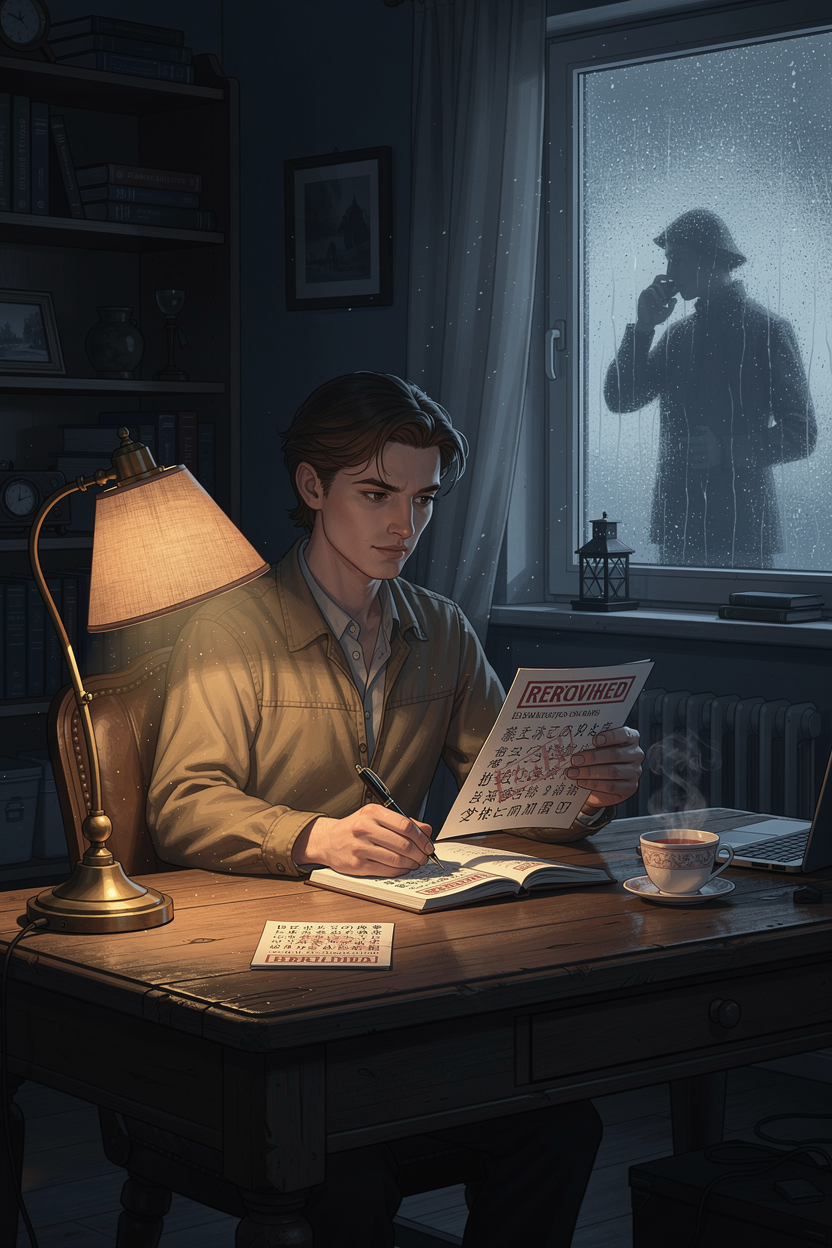 Человек спокойно работает с документами при свете лампы, игнорируя тень коллектора за окном.