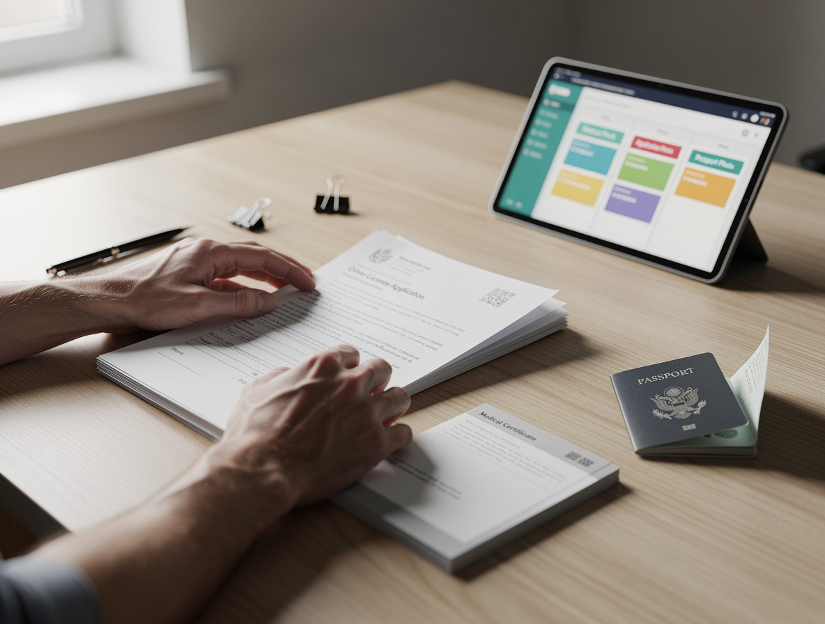 Руки человека систематизируют документы для пересдачи экзамена в ГИБДД на фоне цифровой канбан-доски.