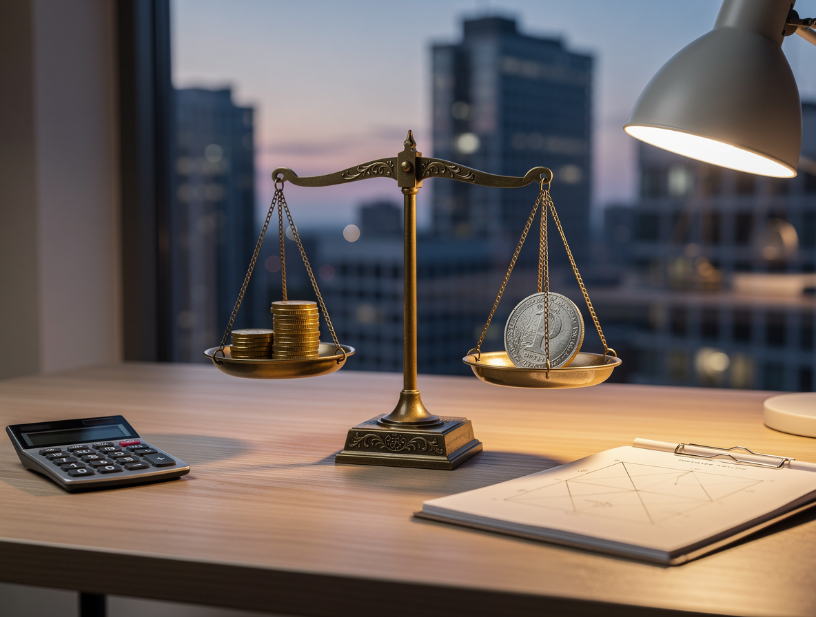 Весочки с монетами, символизирующие баланс доходов и расходов, на столе в домашнем офисе.