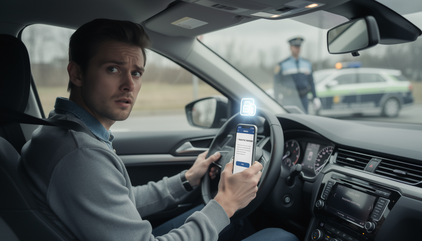Водитель в машине рассматривает штраф ГИБДД на телефоне, с иконкой займа как решением.