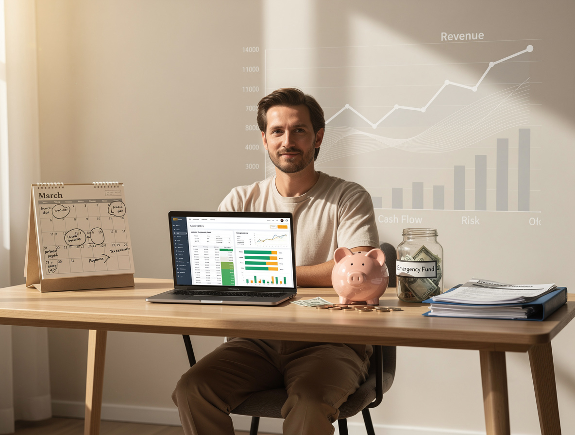 Фрилансер в домашнем офисе уверенно управляет личным бюджетом с помощью ноутбука и финансовых инструментов, символизируя стабильность для получения займов.