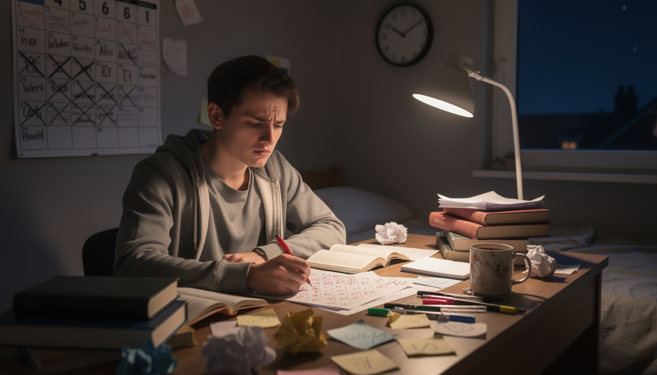 Студент в стрессе за заваленным столом ночью, символизирующий трудности пересдачи экзаменов.