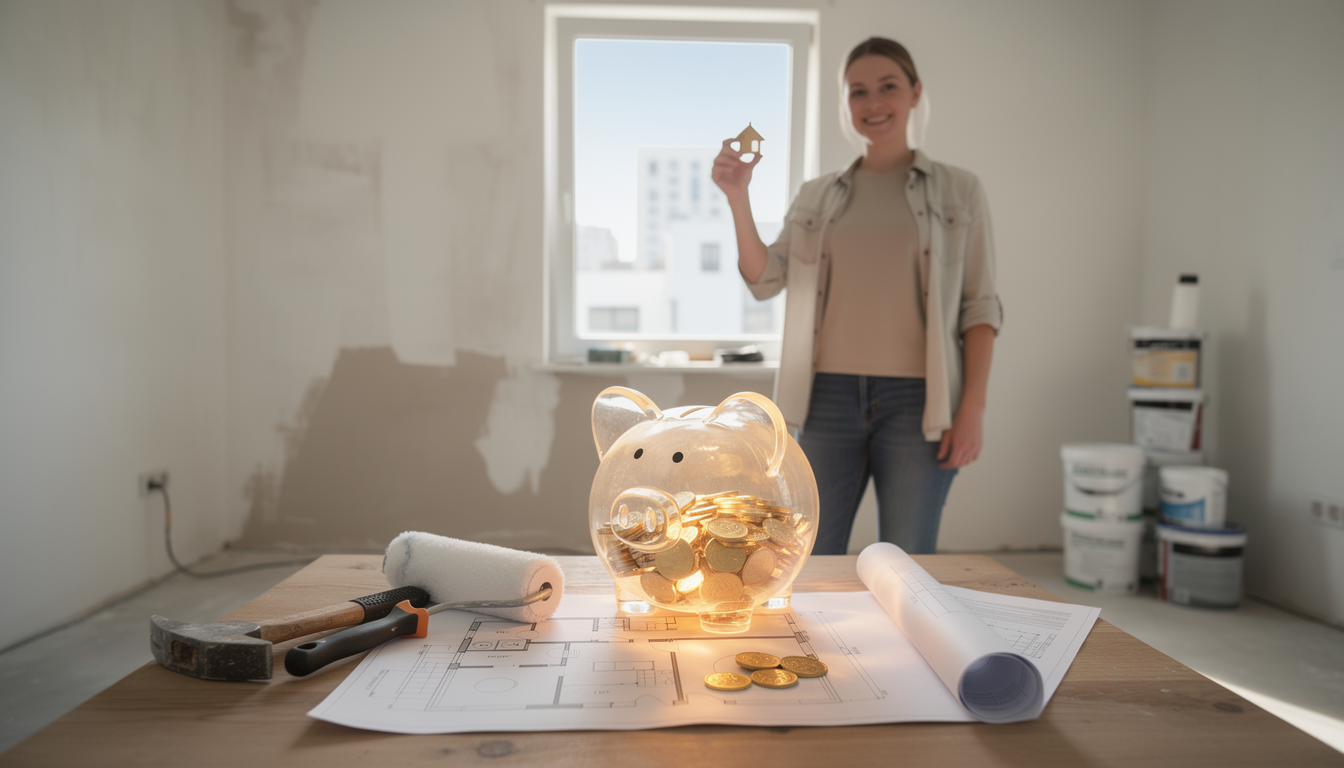 Символическое изображение финансирования ремонта квартиры с прозрачной копилкой, инструментами и ключом на фоне обновлённого интерьера.