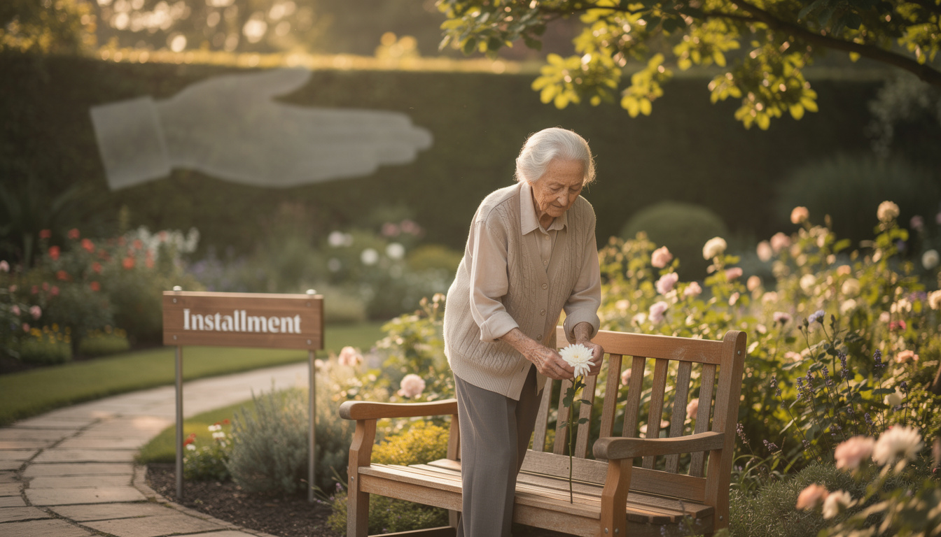Пожилой человек в саду, спокойно кладёт цветок на скамью, символизируя доступную оплату похорон.