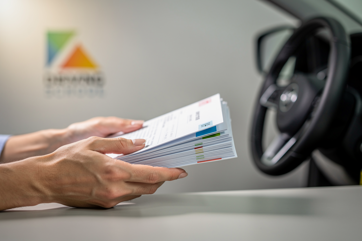 Руки человека держат документы на фоне руля и логотипа автошколы в офисе.