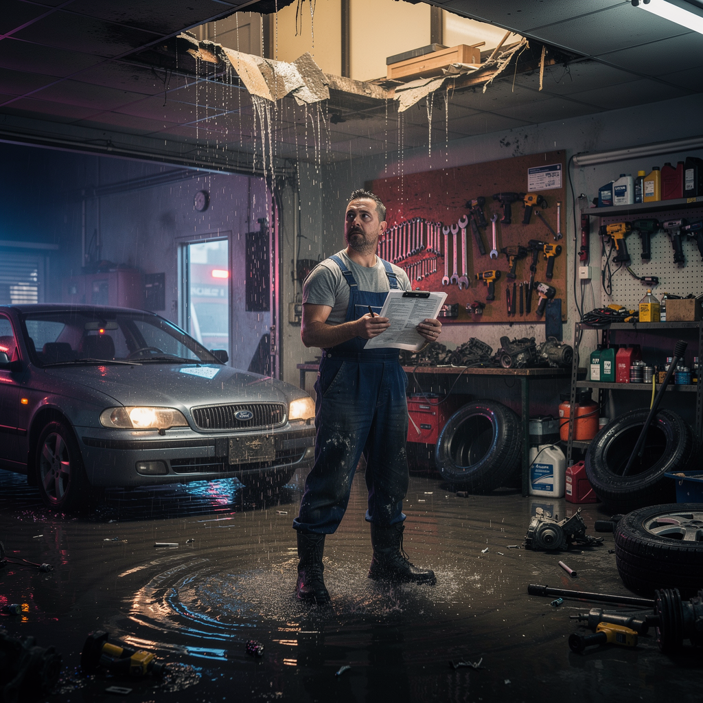 Механик в затопленном автосервисе, собирающий документы для возмещения ущерба
