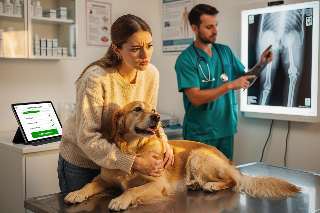 Ветеринарная клиника: женщина с больной собакой на столе и врач, указывающий на рентген, рядом планшет с заявкой на микрозайм.