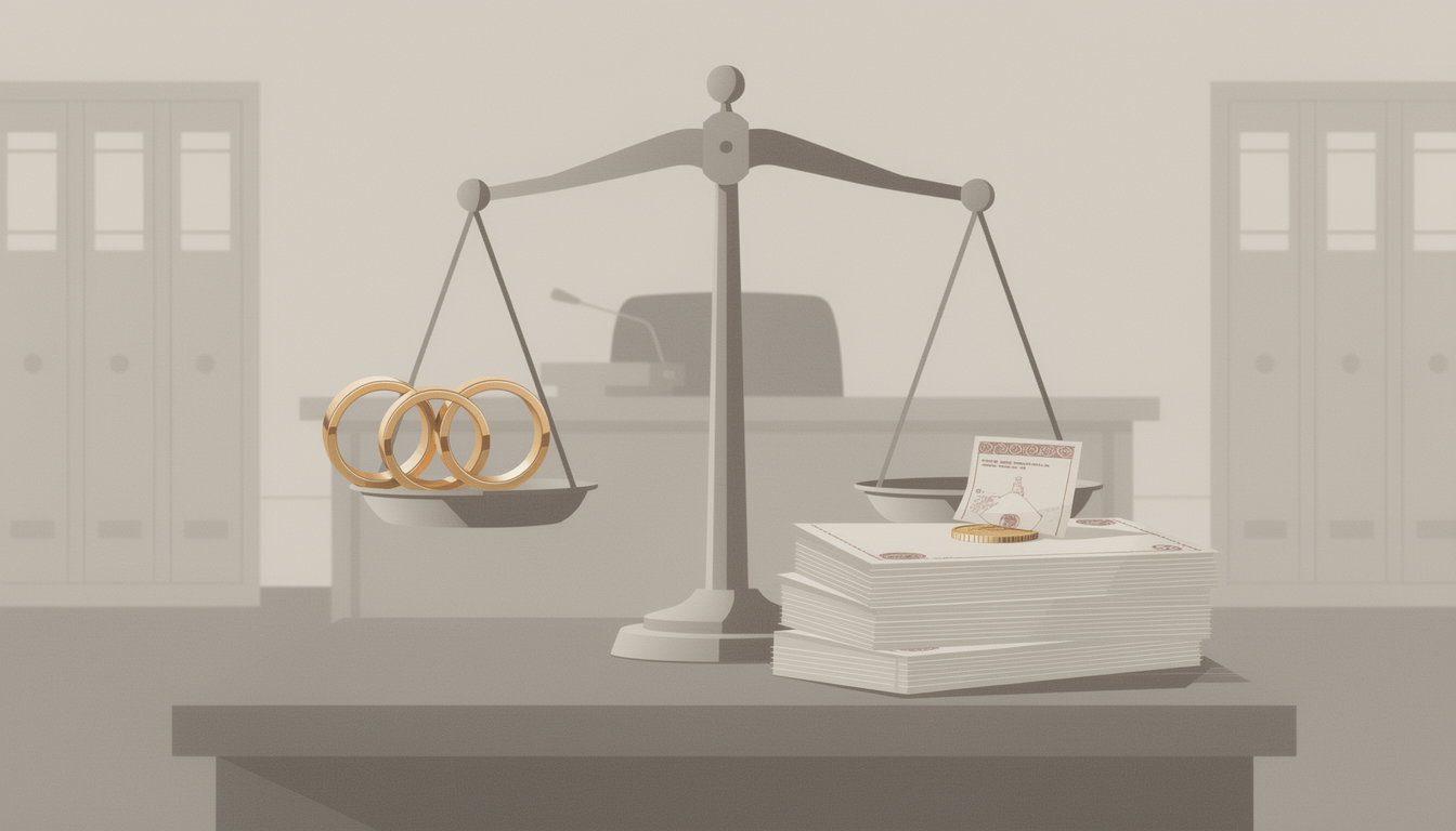 Символическое изображение госпошлины за развод в виде весов правосудия с кольцами и документами в официальной обстановке