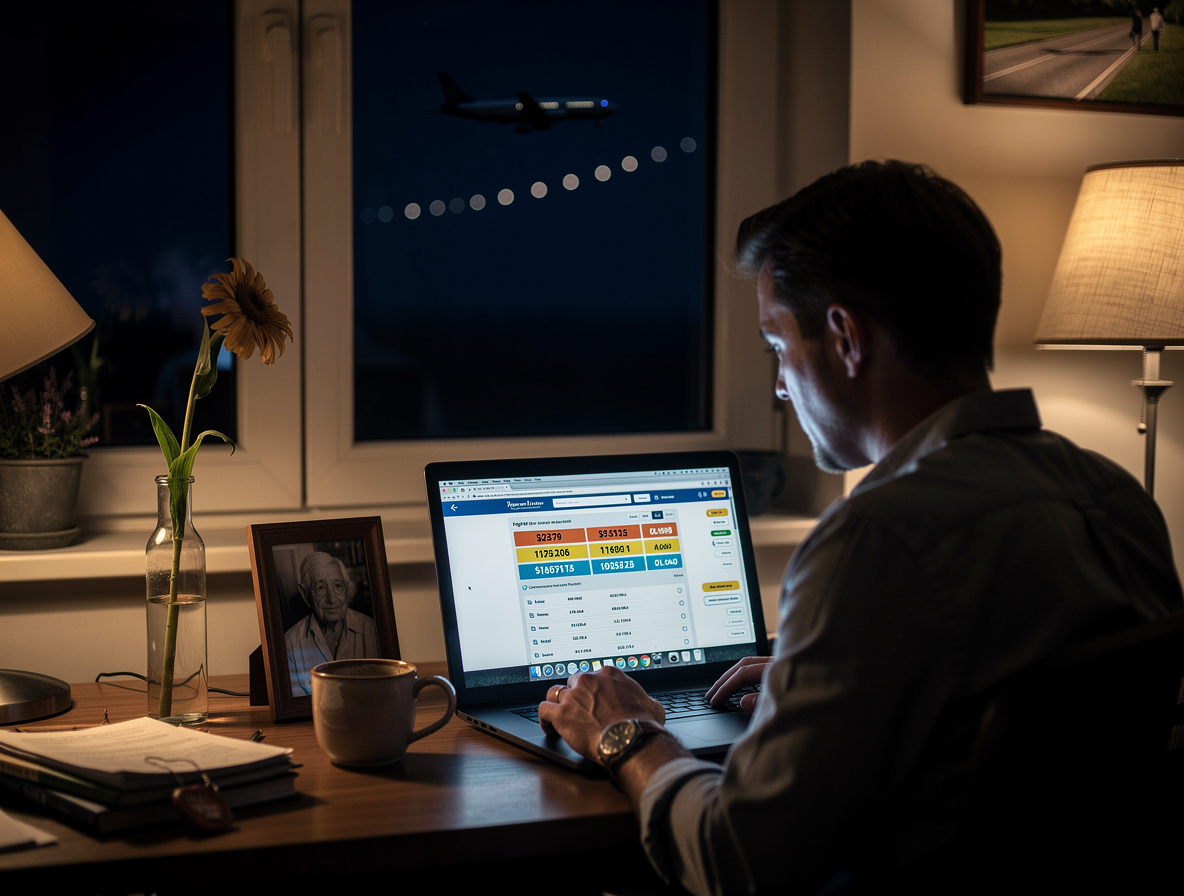 Человек ищет дешёвые авиабилеты на ноутбуке в тёмной комнате, рядом фото умершего и увядший цветок.