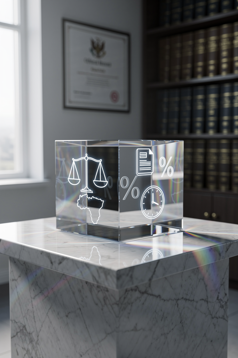 Прозрачный кристаллический куб с символами на гранях, символизирующий факторы стоимости госпошлины, на пьедестале в офисе.