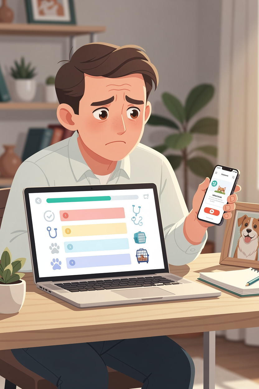 Человек заполняет заявку на микрозайм для ветеринарных услуг на ноутбуке и телефоне в домашнем офисе.