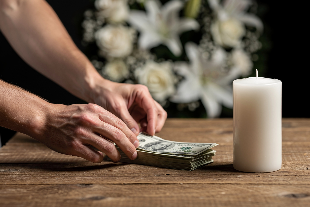 Руки аккуратно раскладывают деньги на столе рядом с поминальной свечой, символизируя разумное управление финансами во время траура.