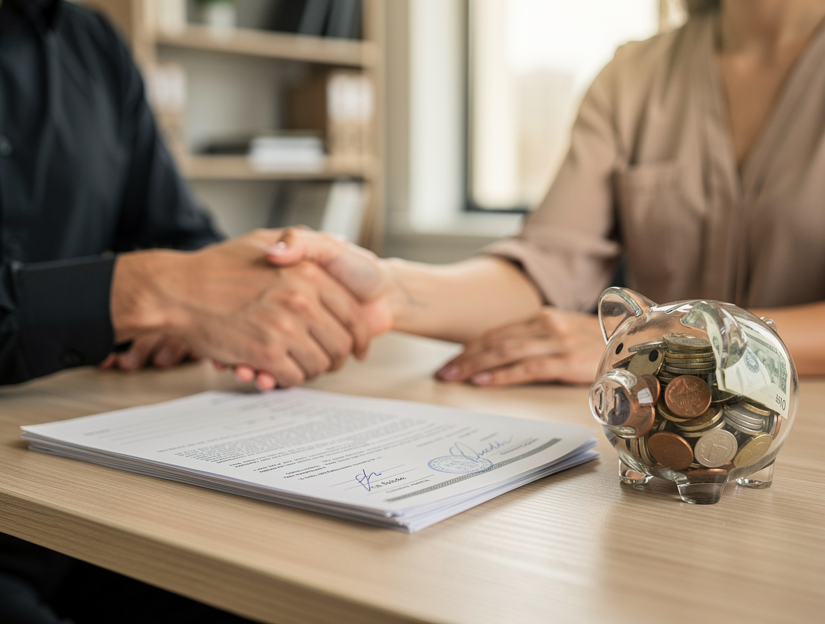 Символическое изображение помощи в оплате госпошлины для развода: руки кладут документы рядом с копилкой на столе.