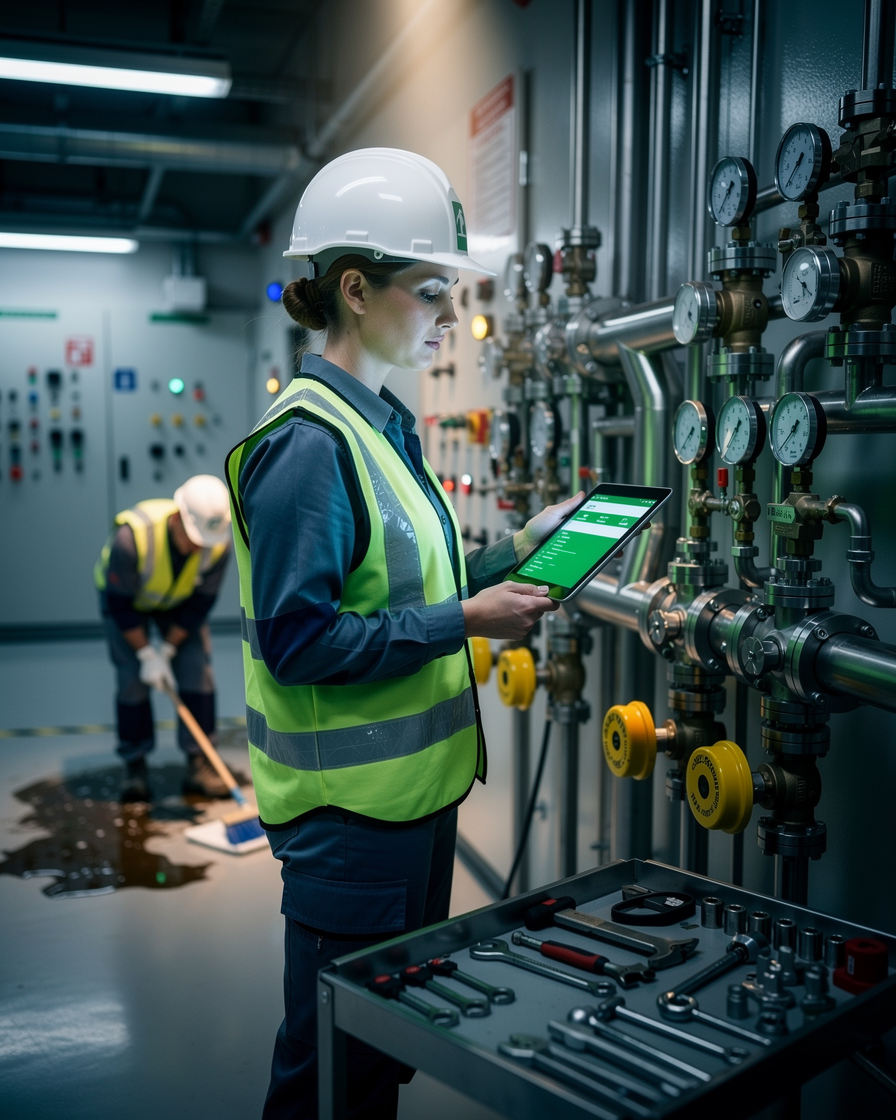 Инженер проводит плановую проверку оборудования на чистом современном производстве, демонстрируя профилактику аварий.