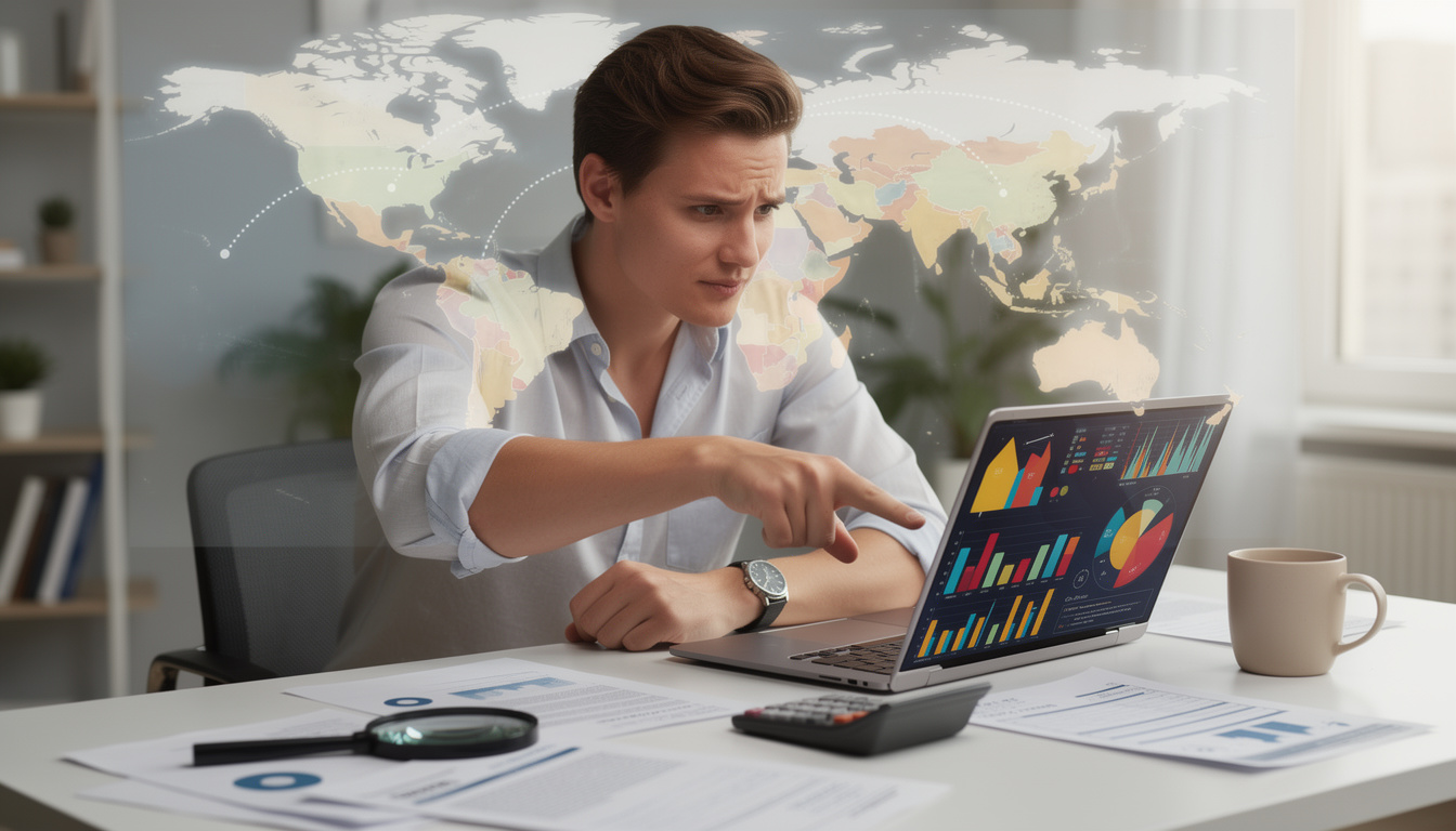 Человек в офисе анализирует данные на ноутбуке для расчёта таможенных пошлин, с документами и картой мира на заднем плане.