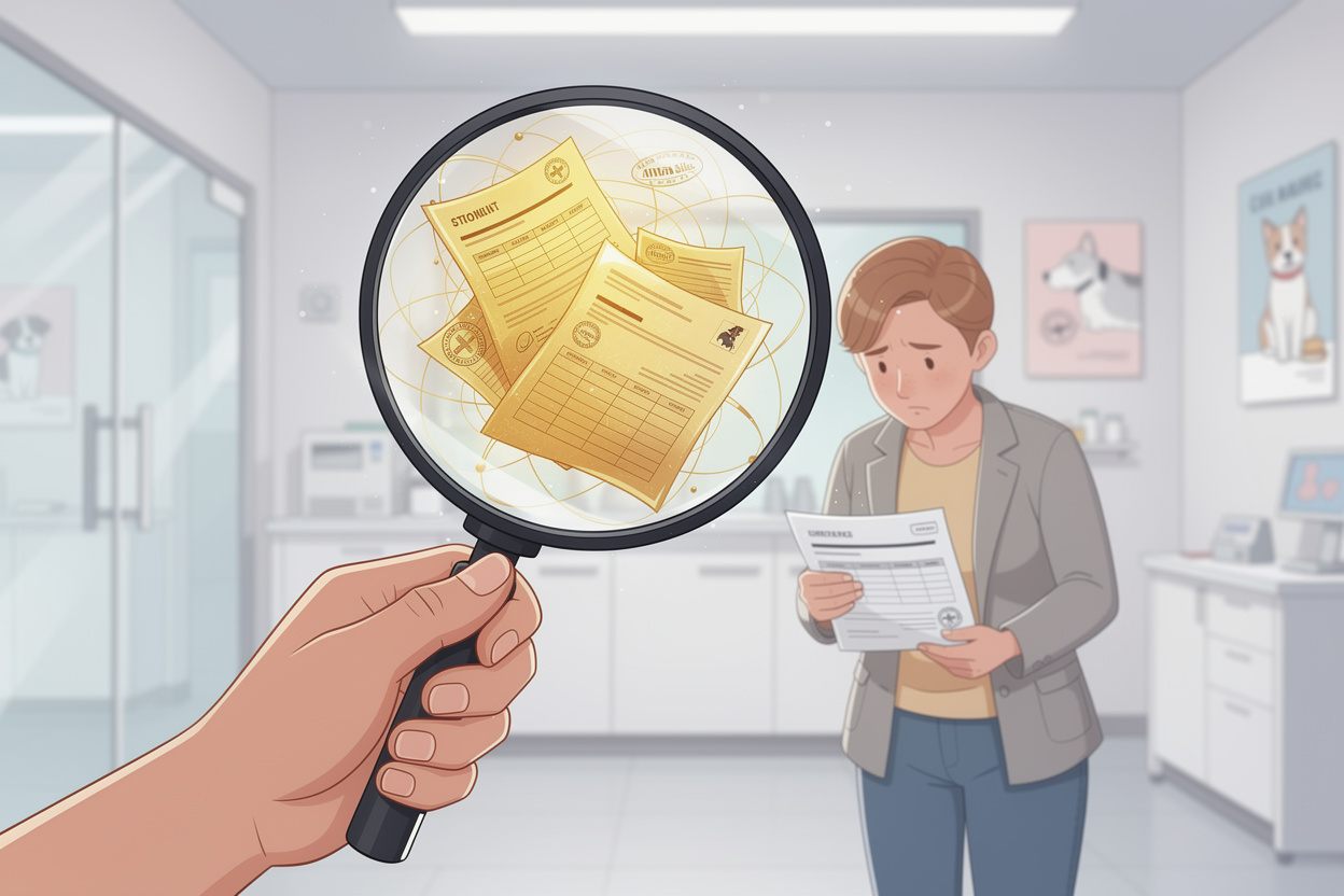 Концептуальное изображение юридических и финансовых аспектов ветеринарного лечения с акцентом на прозрачность и ответственность.