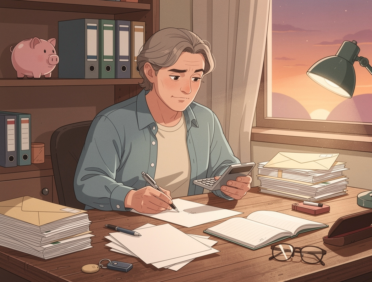 Человек планирует бюджет, сортируя документы, чтобы сэкономить деньги при разводе.