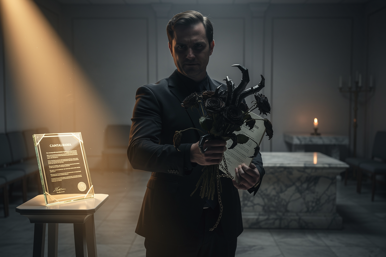 Тёмная фигура с увядшими цветами в мраморном ритуальном зале, где луч света освещает прозрачный документ, символизируя мошенничество и честность в индустрии.