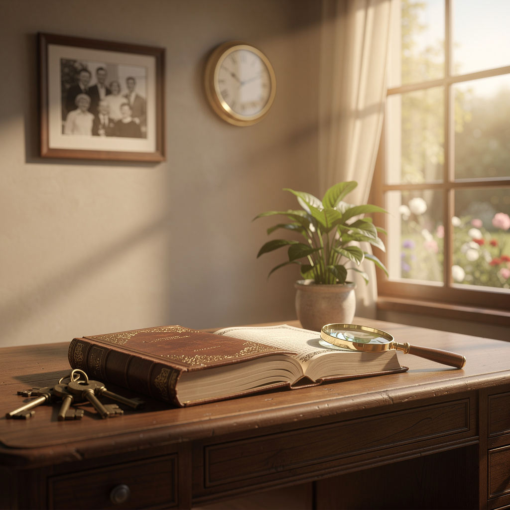 Символическая сцена с документами и предметами, представляющими наследование и практические советы наследникам.