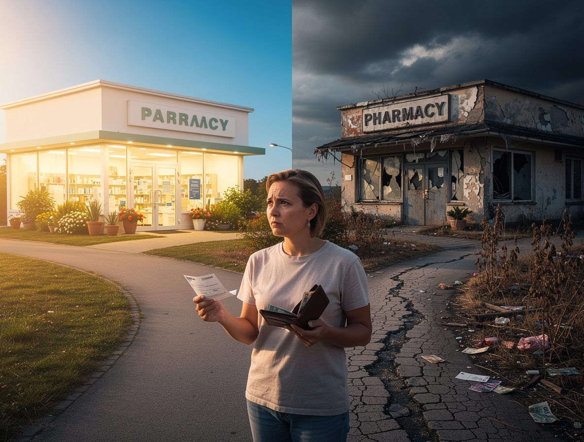 Человек на распутье между светлым и тёмным путём, символизирующем выбор между преимуществами и недостатками займа на лекарства.