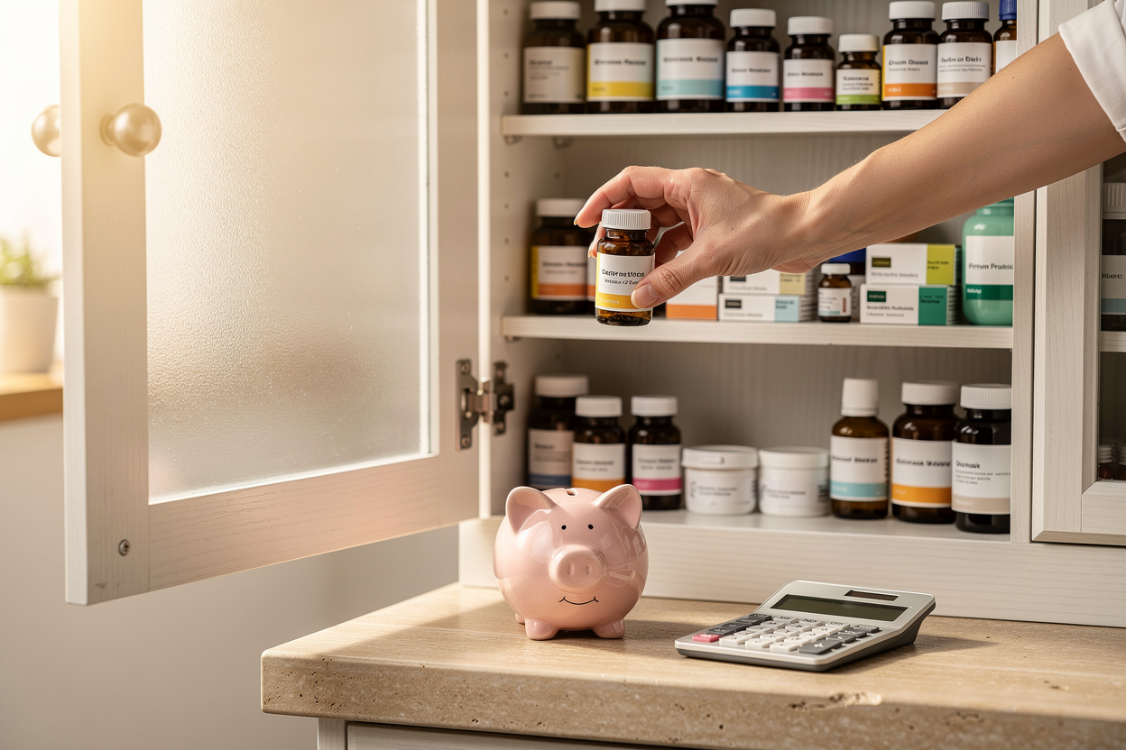 Рука аккуратно ставит лекарство в домашнюю аптечку рядом с копилкой и калькулятором, символизируя заботу и финансовое планирование.
